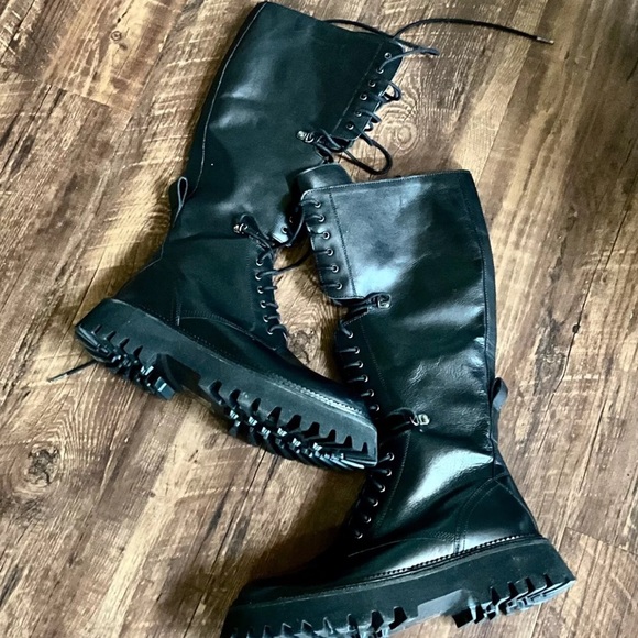 Free People Miller Cut Out Lace Up Tall Boot Lug Sole Black Leather - Picture 4 of 7